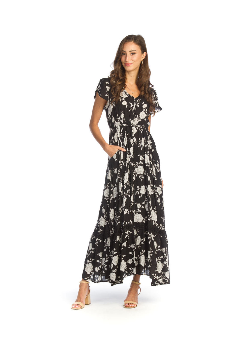 Papillon PD-14528 Floral Button Front Maxi Dress - Black