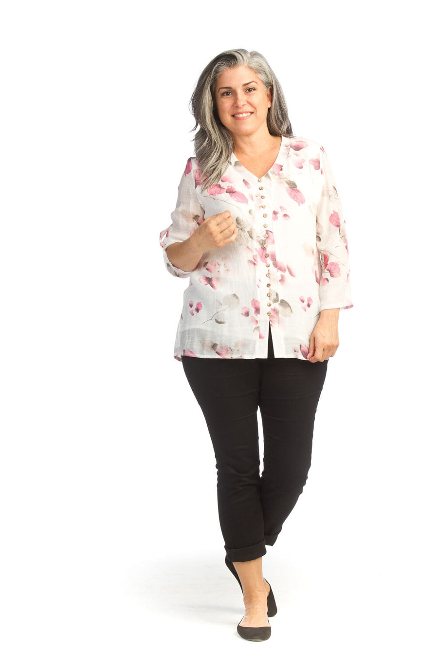 Papillon PT-14035 Floral Blouse with 3/4 Sleeve - White Floral