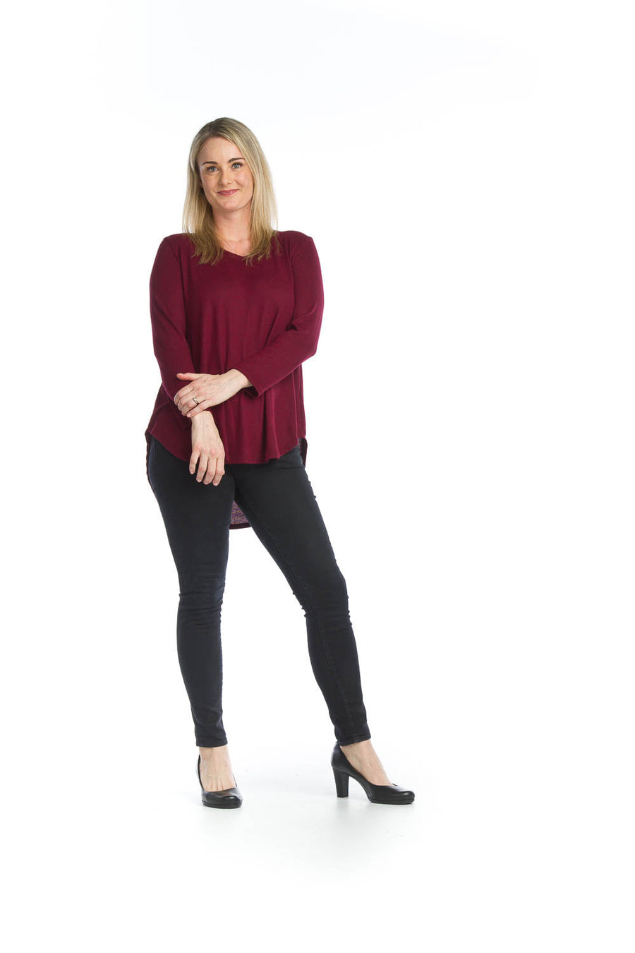 Papillon ST-04371 V-Neck Sweater Tunic - Burgundy