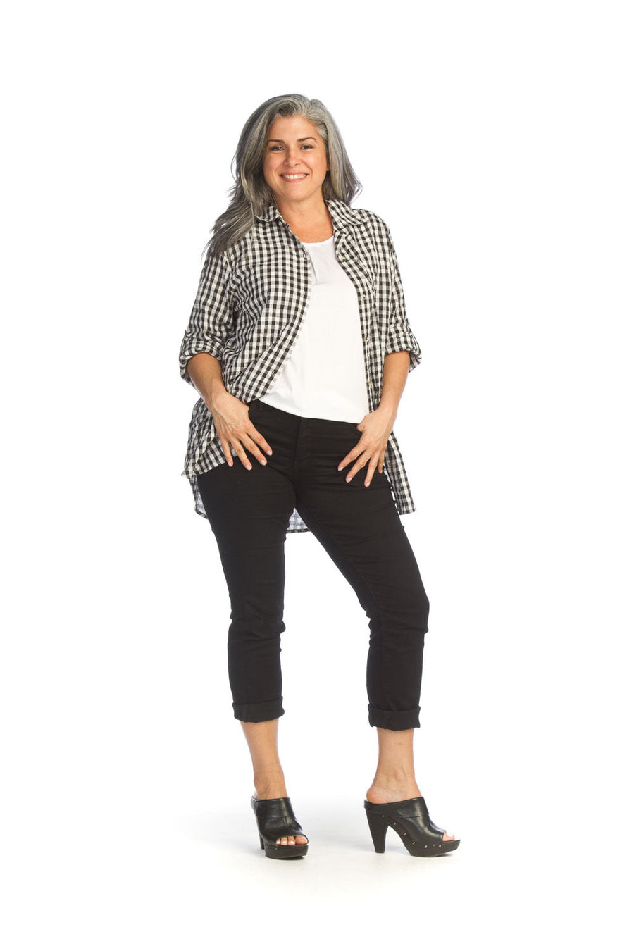 Papillon PT-13024 Gingham Tunic With Tab Sleeve - Black/White