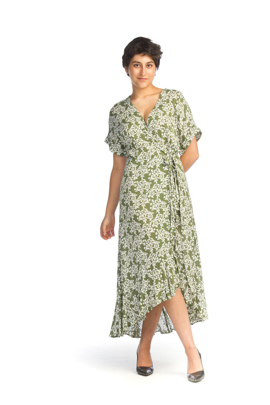 Papillon PD-14557 Floral Crinkle Wrap Dress - Green