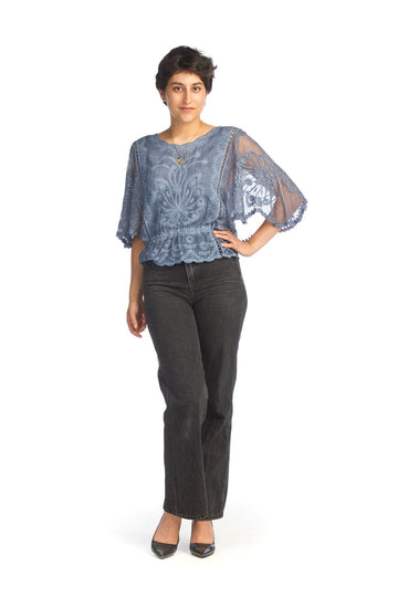 Papillon PT-14057 Floral Embroidered Blouse - Denim