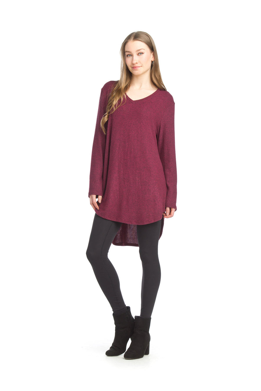 Papillon ST-04371 V-Neck Sweater Tunic - Burgundy