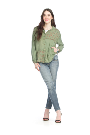 Papillon PT-15028 Embroidered Button Front Blouse - Sage