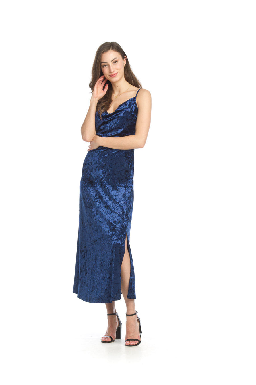 Papillon PD-15536 Drape Neck Velvet Dress - Navy