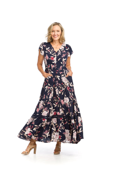 Papillon PD-16719 Floral Button Front Maxi Dress - Navy