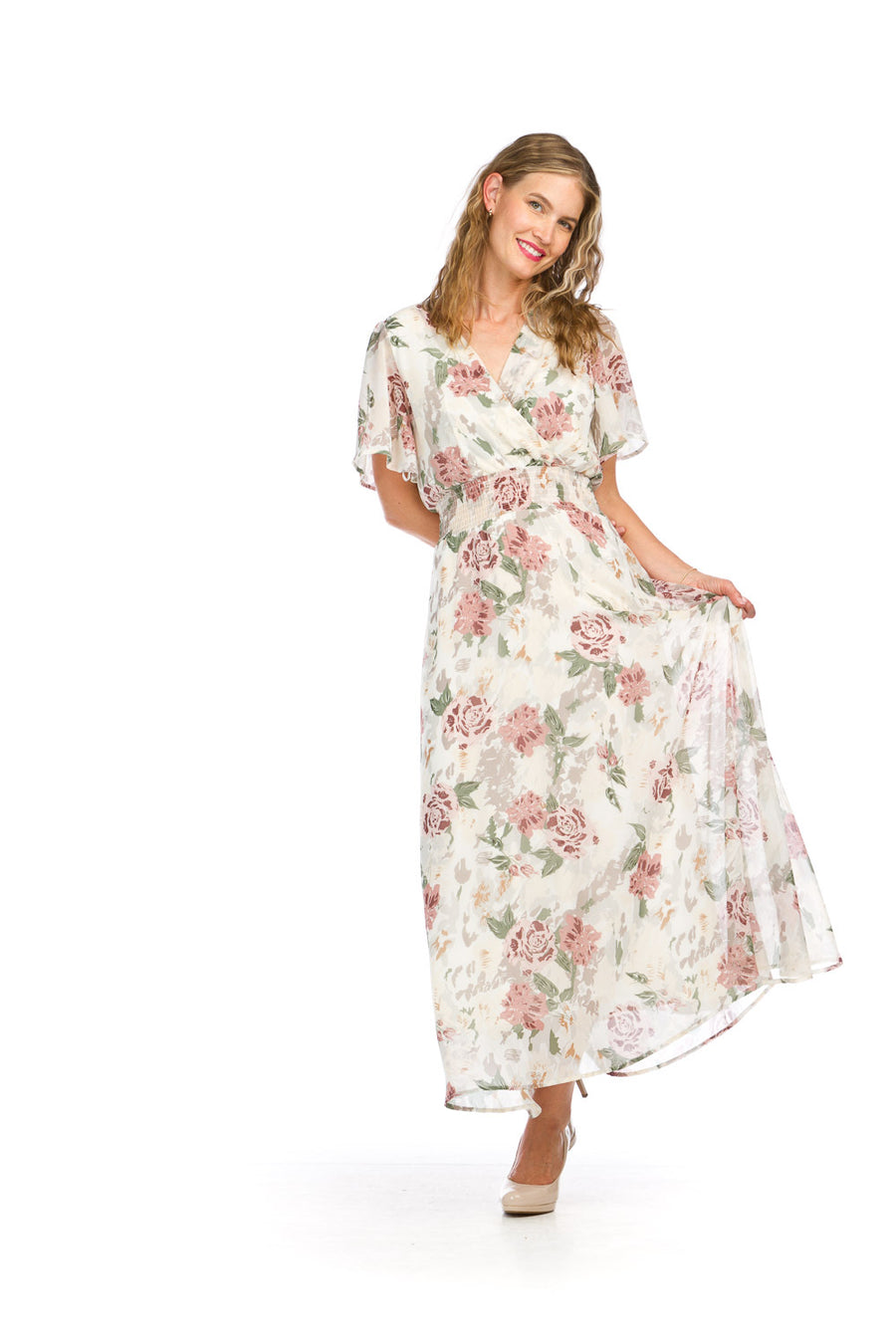 Papillon PD-16635 Floral Short Sleeve Maxi Dress - White