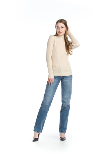 Papillon PT-11057 Ribbed Stretch Mock Neck Top -  Beige