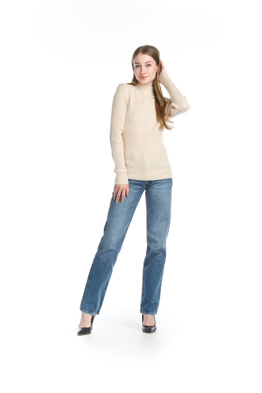 Papillon PT-11057 Ribbed Stretch Mock Neck Top -  Beige