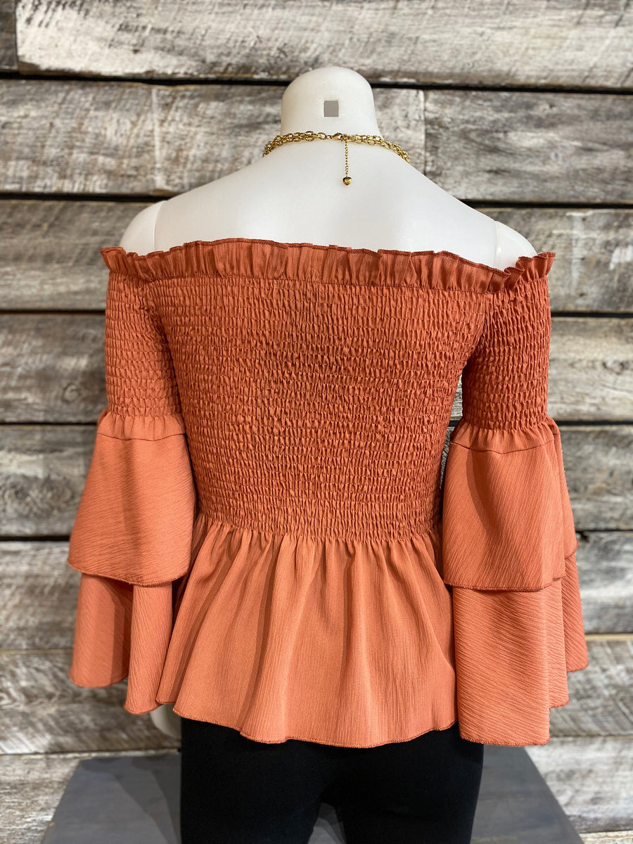 Papillon PT-07063 Smocked Off-Shoulder Blouse - Rust