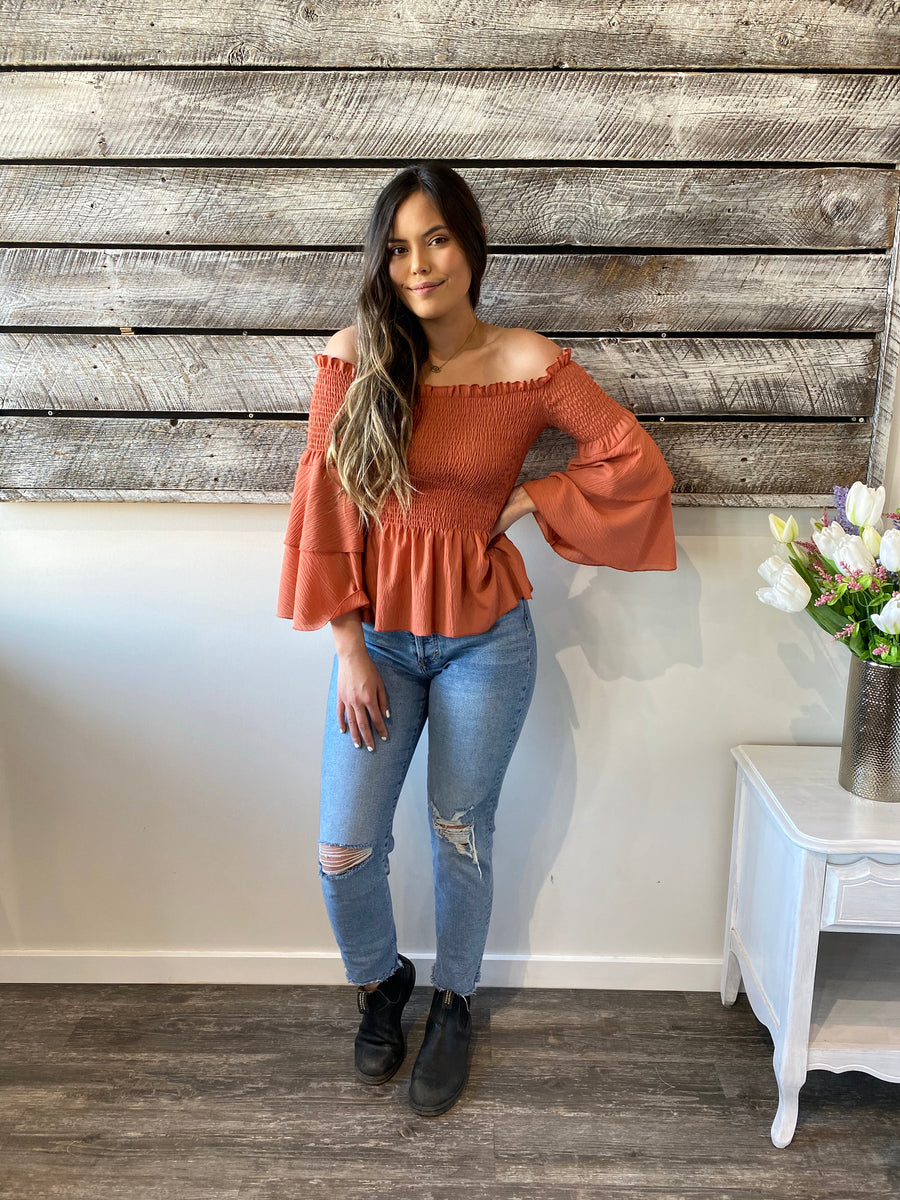 Papillon PT-07063 Smocked Off-Shoulder Blouse - Rust