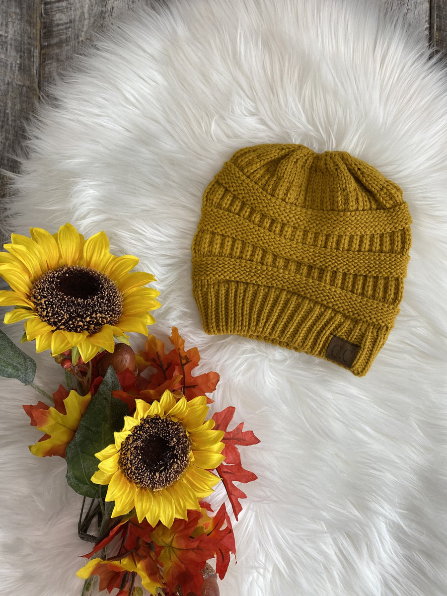 CC Beanie Hat MB-20A Knitted Messy Bun Beanie - Mustard
