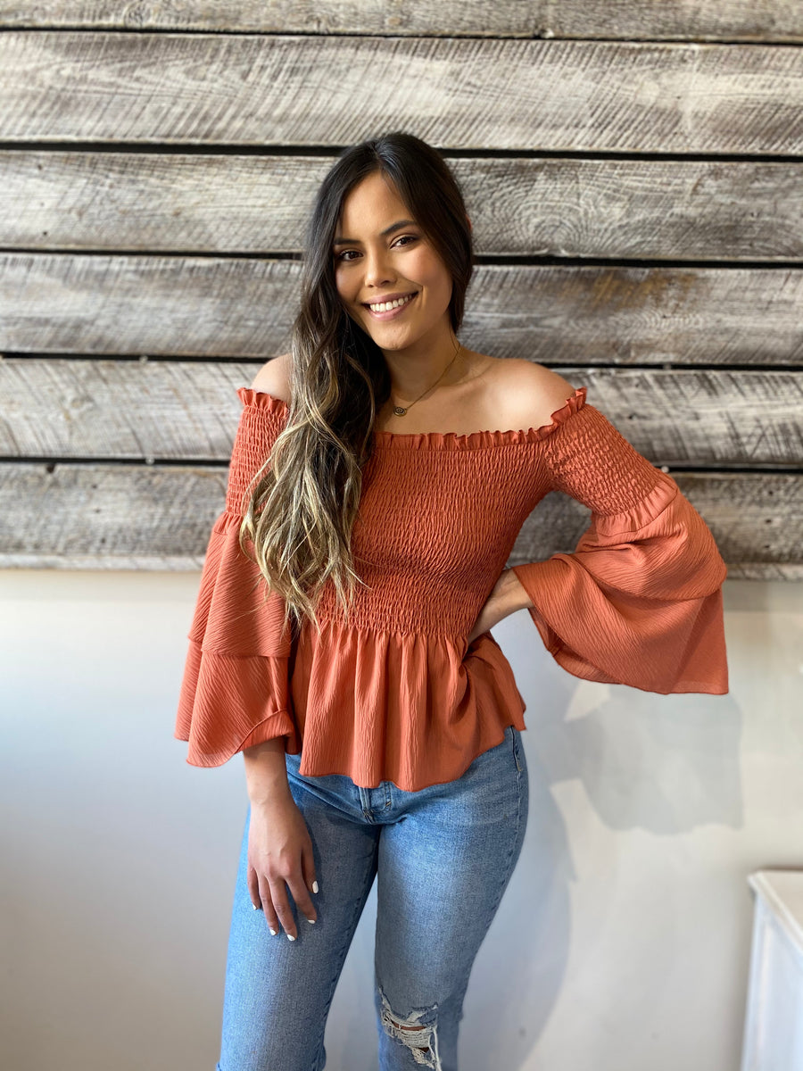 Papillon PT-07063 Smocked Off-Shoulder Blouse - Rust