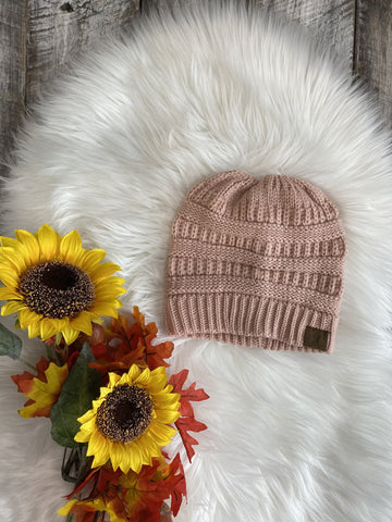 CC Beanie Hat MB-20A Knitted Messy Bun Beanie - Pink