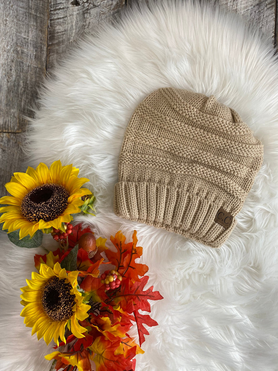 CC Beanie Hat-100 Knitted Slouch Beanie - Beige