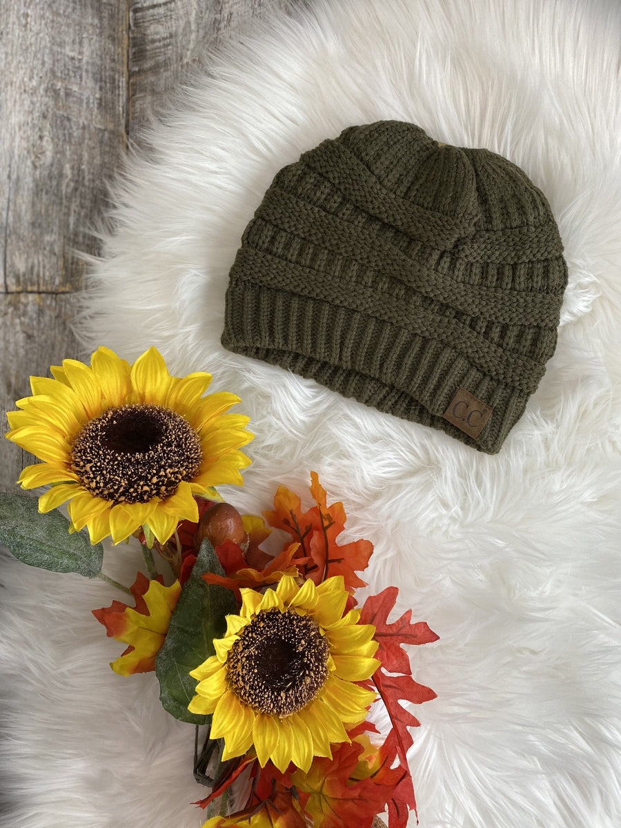 CC Beanie Hat MB-20A Knitted Messy Bun Beanie - Olive