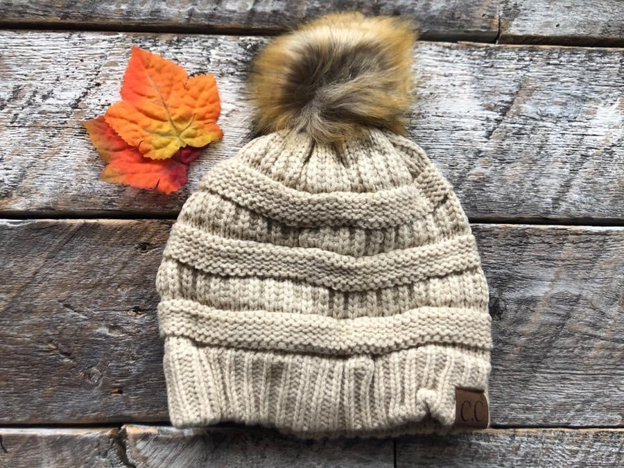 Hat-43 Cable Knitted Beanie With Faux Fur Pom - Beige