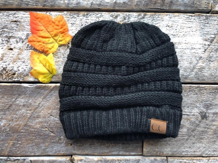 CC Beanie Hat MB-20A Knitted Messy Bun Beanie - Black