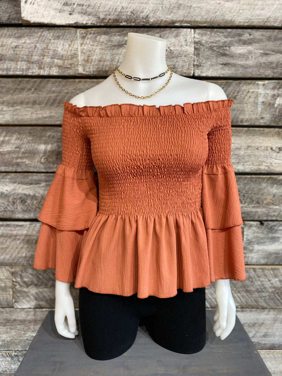 Papillon PT-07063 Smocked Off-Shoulder Blouse - Rust