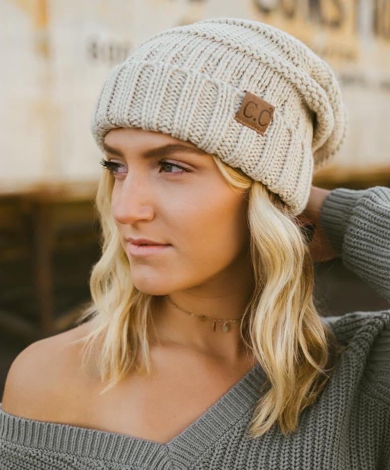 CC Beanie Hat-100 Knitted Slouch Beanie - Beige