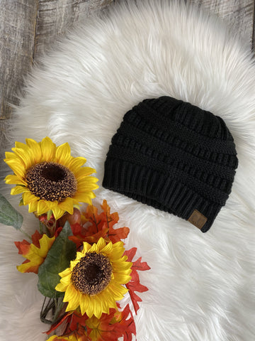 CC Beanie Hat MB-20A Knitted Messy Bun Beanie - Black