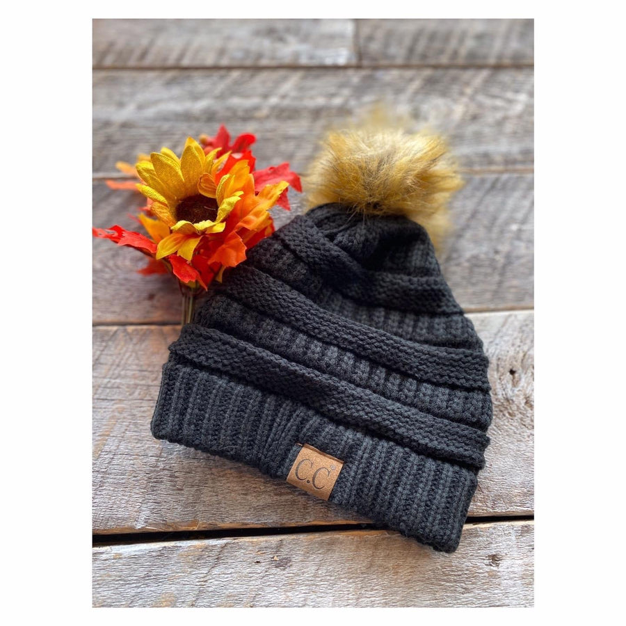 CC Hat-43 Cable Knit w/Faux Fur Pom - Black