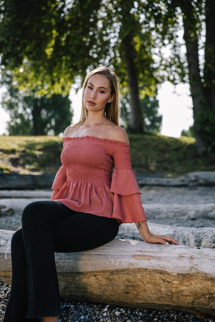 Papillon PT-07063 Smocked Off-Shoulder Blouse - Rust